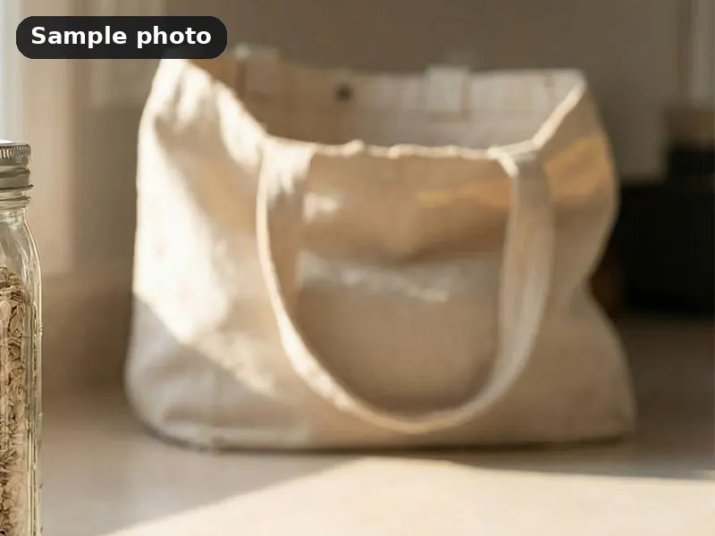 Sample photo: a plain natural canvas tote bag on a kitchen counter. Not Platinum Prints work.